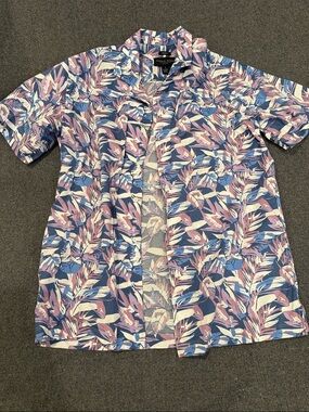 Pronto Uomo Modern Fit Tropical Print Short Sleeve Button-Up Shirt - Blue/purple